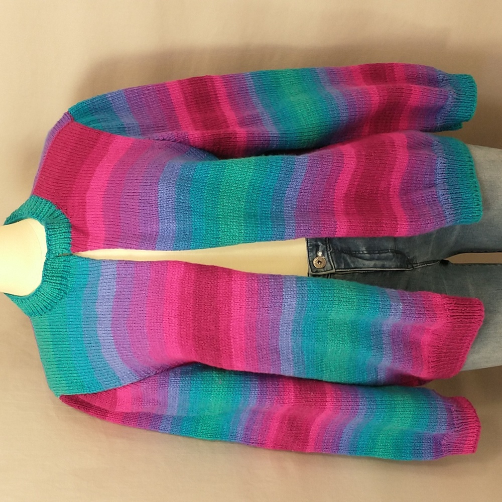 Neon Rainbow Handknit Cardigan Sweater Bright Color Handmade OOAK Unworn Unisex